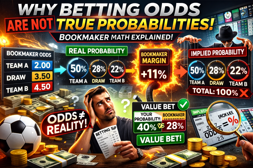 Bookmaker math diagram showing how odds differ from true probabilities